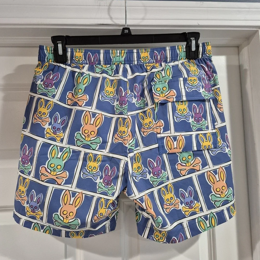 Psycho Bunny Swim Trunks Mens‎ Medium Blue Allover Logo Brief Lined Shorts